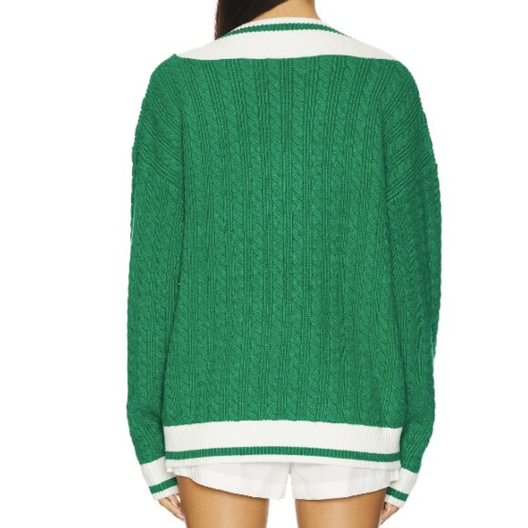 Beach Riot Montana Top Green Cable Knit V-Neck Sweater with White Trim Medium - Picture 3 of 6